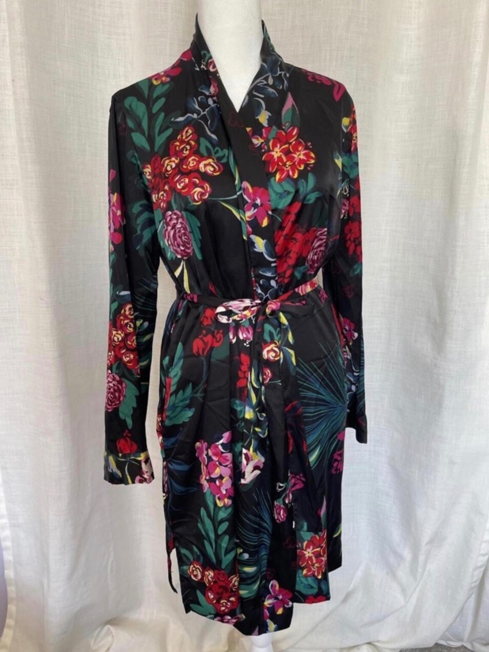 Stars Above Black Satin Floral Kimono Robe